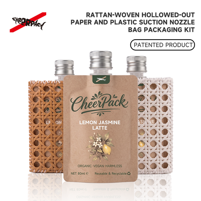 คุณภาพ  Reusable Rattan Woven Spout Pouch with Aluminum Cap | CheerPack Patented 100ml rattan-woven hollow-out spout pouch with reusable Sleeve and aluminum screw cap. Eco cosmetic packaging, OEM/ODM welcome. โรงงาน