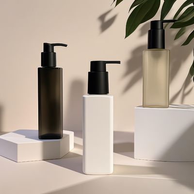 ขวดพลาสติก PET ทรงเหลี่ยมพร้อมหัวปั๊มแบบกดสำหรับบรรจุภัณฑ์เครื่องสำอางและการดูแลส่วนบุคคลในสีที่กำหนดเอง