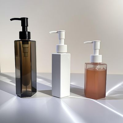 ขวดพลาสติก PET ทรงตรงหกเหลี่ยม พร้อมหัวปั๊มสำหรับโลชั่นหรือแชมพูขนาด 120ml 150ml 200ml