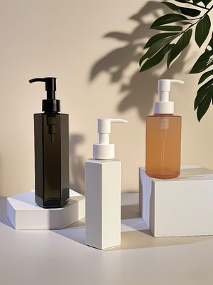 ขวดพลาสติก PET ทรงตรงหกเหลี่ยม พร้อมหัวปั๊มสำหรับโลชั่นหรือแชมพูขนาด 120ml 150ml 200ml